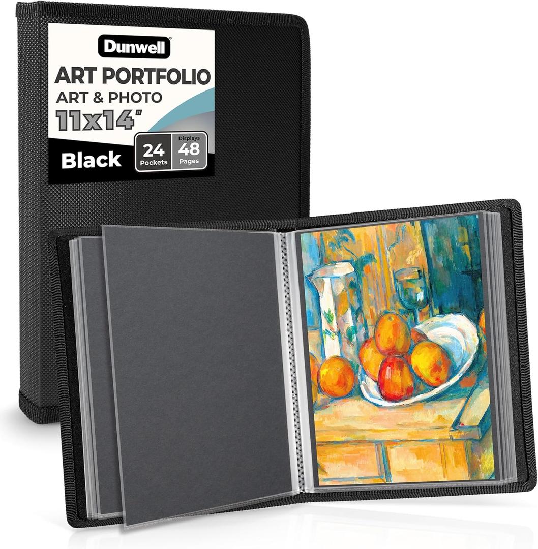 Dunwell 11x14 Art Portfolio Binder with Plastic Sleeves w/Mounting Paper Large Portfolio Folder for Artwork Storage, 24 Sleeves Displays 48 Pages, Presentation Binders Book, Acid-Free Poly (Black)
