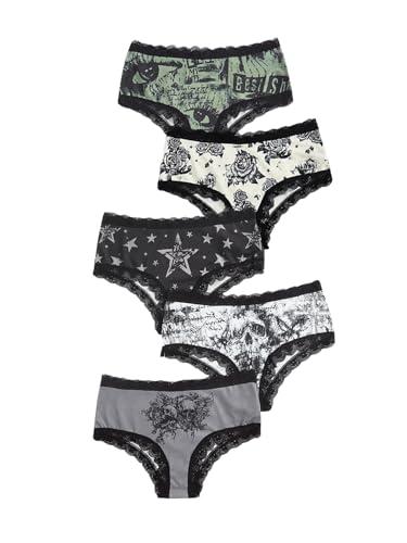 WDIRARA Women's 5 Pack Set Goth Graphic Print Mesh Sheer Lace Trim Mid Rise Underwear Briefs Multicolor Black Medium
