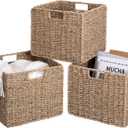 Seagrass Storage Baskets, 12X12X10in Cube Wicker Storage Basket for Shelves, Pantry Baskets Organization and Storage, Kitchen Storage Baskets, Bathroom Shelves Storage Basket Set of 3