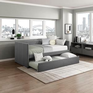Lexicon Upholstered Daybed with Trundle, Textured Fabric Twin Day Bed Frame with Backrest and Wood Slat Support, Twin Trundle Daybed Sofa Bed for Bedroom Guest Room, No Box Spring Needed, Dark Grey
