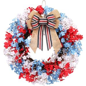 RoseCraft 22inch 4th of July Wreath, Artificial Red White Blue Patriotic Bow Wreaths for Front Door, Memorial Day Independence Day Veterans Day Decor, for Wall Porch Indoor Outdoor Decorations.