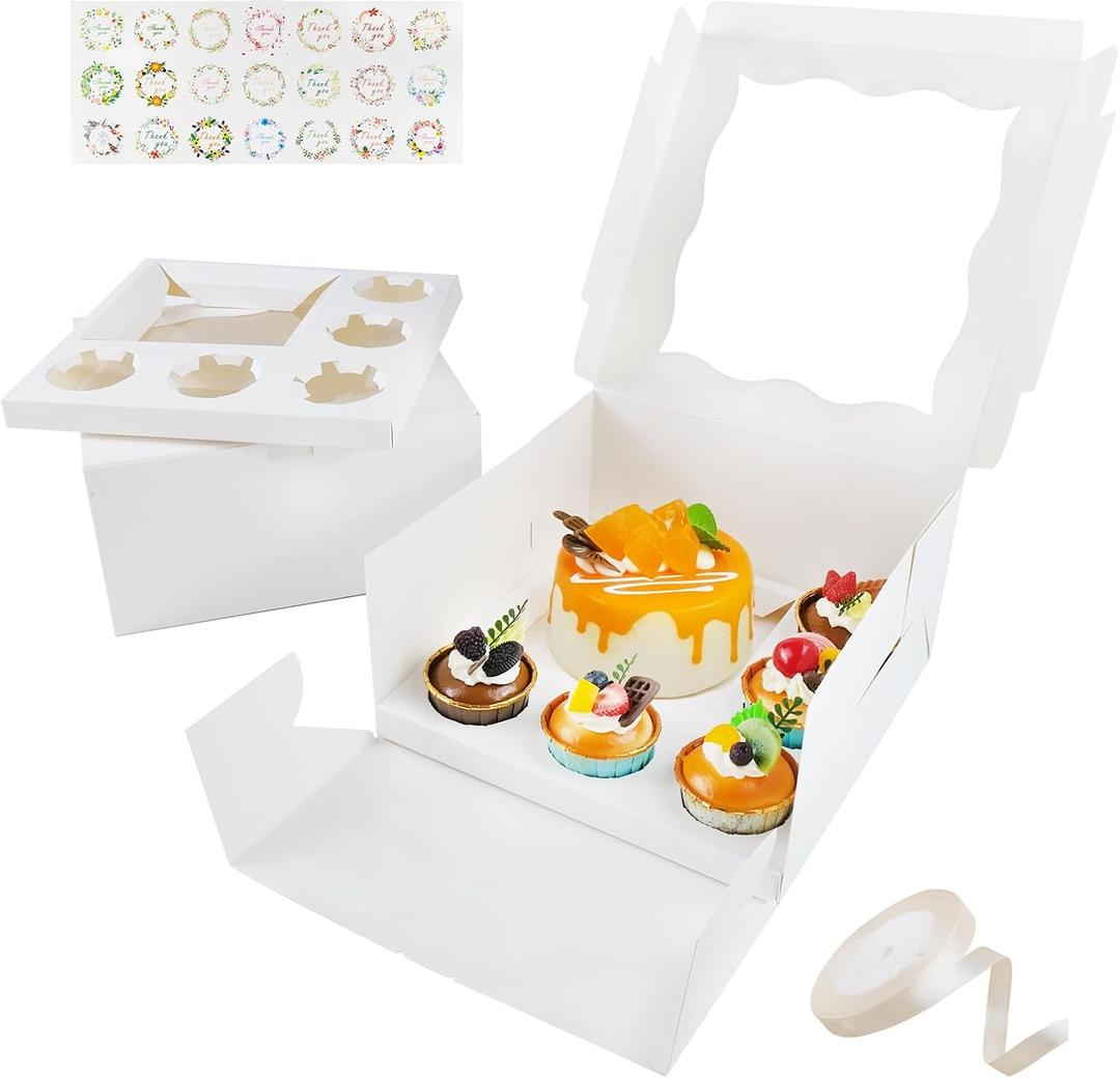 5 Packs 1+5 Cupcake Box Combo with Clear Window, Fit 5 Cupcakes and 1 Small Cake with Stickers and Ribbon,Bento Cake and Cupcake Box for Family Birthday Party Picnic Bakery Baking Supplies