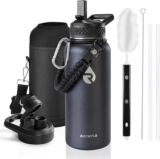 Insulated Water Bottle 32 oz, Triple Wall Vacuum Stainless Steel (Cold for 48 Hrs), Leak Proof & Non-BPA, Modern Water Flask Jug with Paracord Handle & Straw Spout Lids, Hydrangea