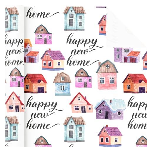 WRAPAHOLIC Happy New Home Wrapping Paper Roll - Mini Roll - 17 Inch x 16.5 Feet - Colorful House Design for House Warming Present for Men Women