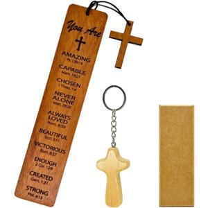 Bible Bookmark with Wooden Cross Keychain, Christian Gifts Set for Baptism, Confirmation or Christmas, Wood Scripture Bookmark with 10 Affirmations, Inspirational Gift for Women, Men
