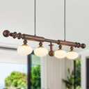 Wood and Globe Linear Chandelier Wooden Farmhouse Dining Room Light Fixture Rustic 4-Light Linear Kitchen Island Lighting Mid Century Modern Globe Hanging Pendant Light with Milk Glass Lampshade