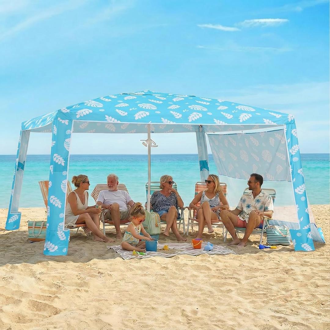 Zeraty Beach Cabana 8'×8', Portable Beach Canopy with Side Wall, UPF 50+ Silver-Coated B Each Tent Sun Shelter Easy Pop Up, Wind Resistant Adjustable Height B Each Umbrella Tent for Family, Lagoon