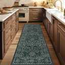 Woaboy Washable 2x6 Runner Area Rug, Hallway Kitchen Bedroom Beside Laundry Room Bathroom RugNon-Slip Low Pile Stain Resistant Soft Carpet for Vintage Boho Floral Home Decor Dark Green/Navy/Black