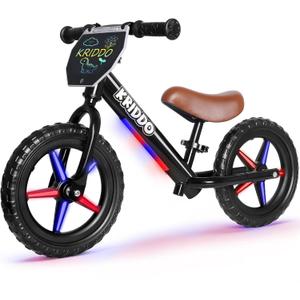 KRIDDO Toddler Balance Bike 2 Years Old, 12-Inch Colorful Lighting-Up Push Bicycle with LCD Writing Tablet, Steady Balancing, Gift Bike for 2-5 Boys Girls, LED-Black