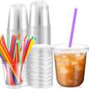 50 Pack Clear Plastic Cups With Flat Lids and Straws Disposable Drinking Cups for Iced Coffee, Cold Drinks, Juice, Smoothies, Milkshakes (12 oz)