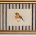 Vintage Gold Framed Bird Wall Art for Cottagecore Decor, Robin Illustration Canvas Prints, Striped Nature Artwork, Animal Oil Printings Pictures Wall Decor for Kids Room Bedroom 16x24 Inch