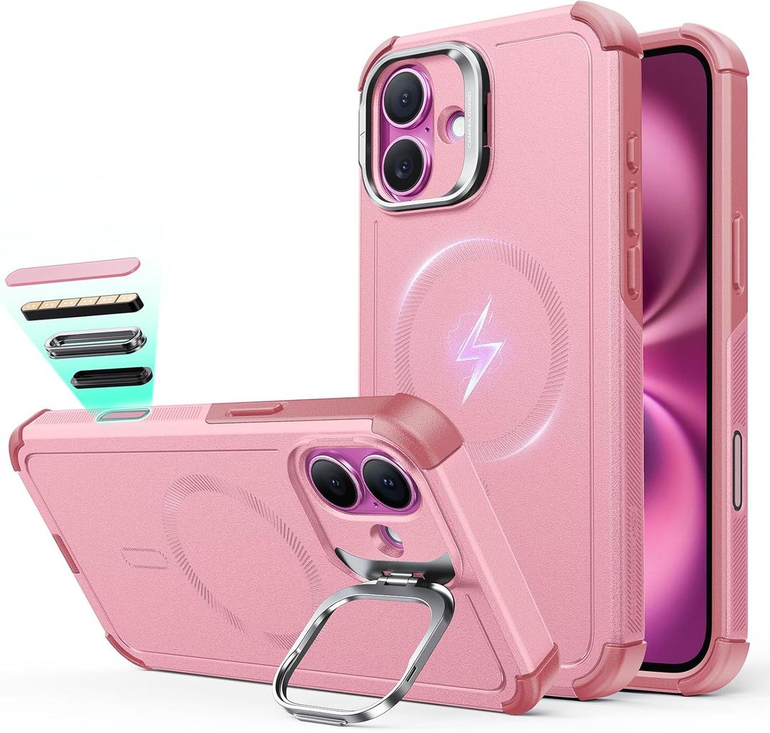 ESR for iPhone 16 Plus Phone Case with Stand, 23ft Military-Grade Drop Protection with Camera Control, Shock-Absorbing Rugged Cover, Compatible with MagSafe Accessories, Cyber Series, Pink