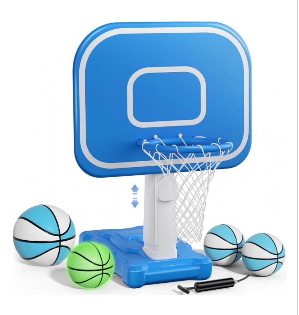 Pool Basketball Hoop, Pool Toys with Adjustable Height Includes 4 Balls(Size 6, 2×Size 3, Glow)/1 Nets/Pump for Indoor Outdoor Poolside Water Basketball Game, Fun Swimming Pool Games for Kids Adults
