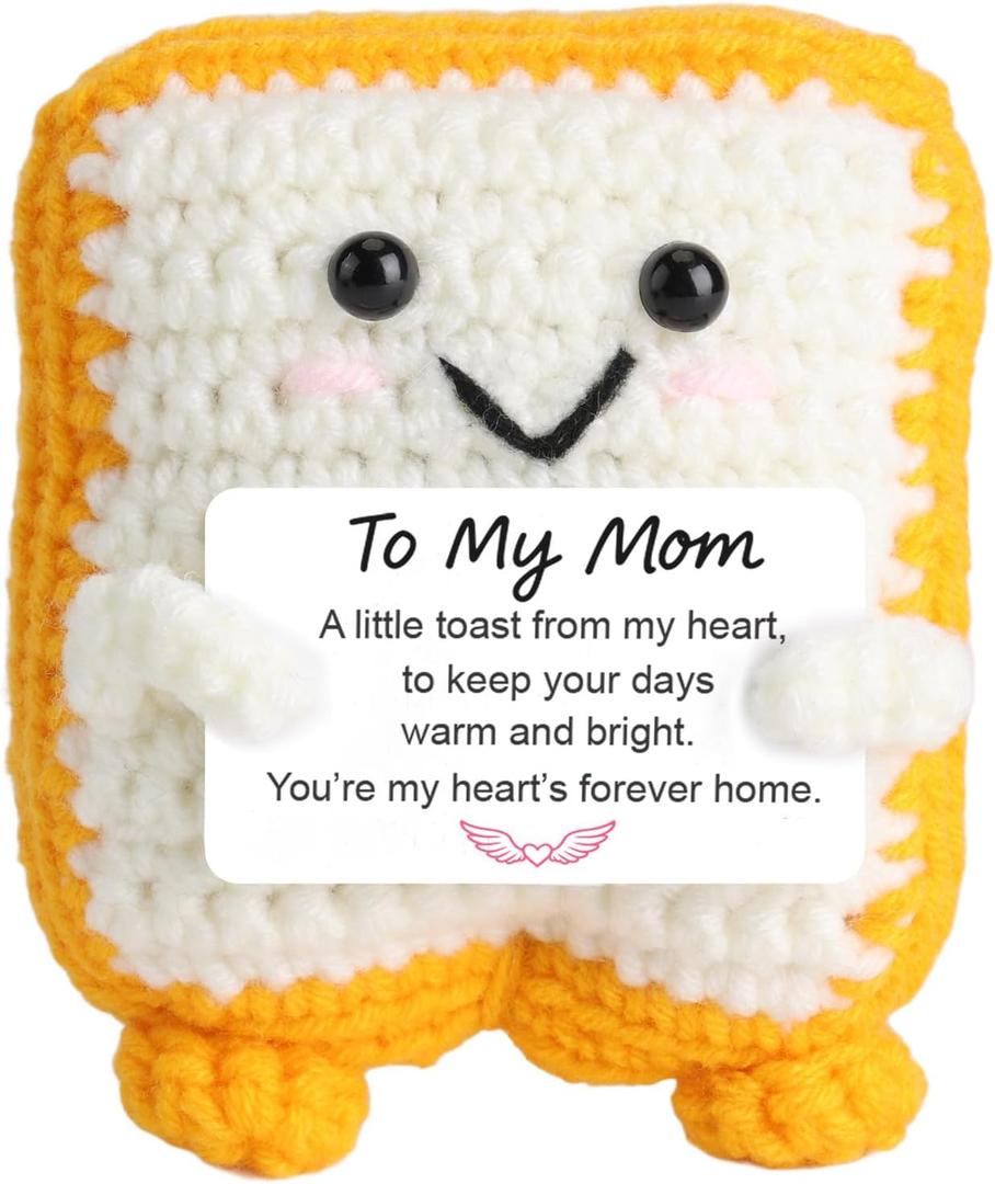 Crochet Toast Gift for Mom from Daughter or Son, Cute Handmade Plush Keepsake with Heartfelt Message Card, Mothers Day or Birthday Gift, Small Desk Decor