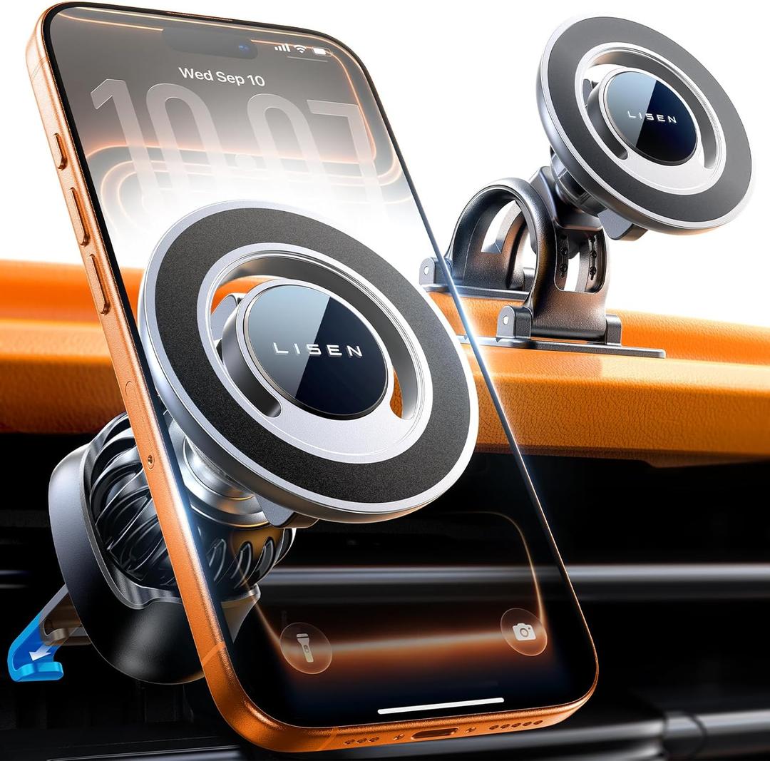 LISEN for Magsafe Car Mount, Magnetic Phone Holder for Car Vent Phone Mount, Hands Free Phone Mount for Car Accessories Dashboard Windshield Vent Cell Phone Holder for iPhone Car Mount Silver Kits