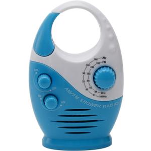 Shower Radio, 3V 0.5W Adjustable Volume Shower AM FM Button Speaker Portable Waterproof Speaker Bathroom Shower Speakers Wireless Radio with Top Handle (White and Blue)
