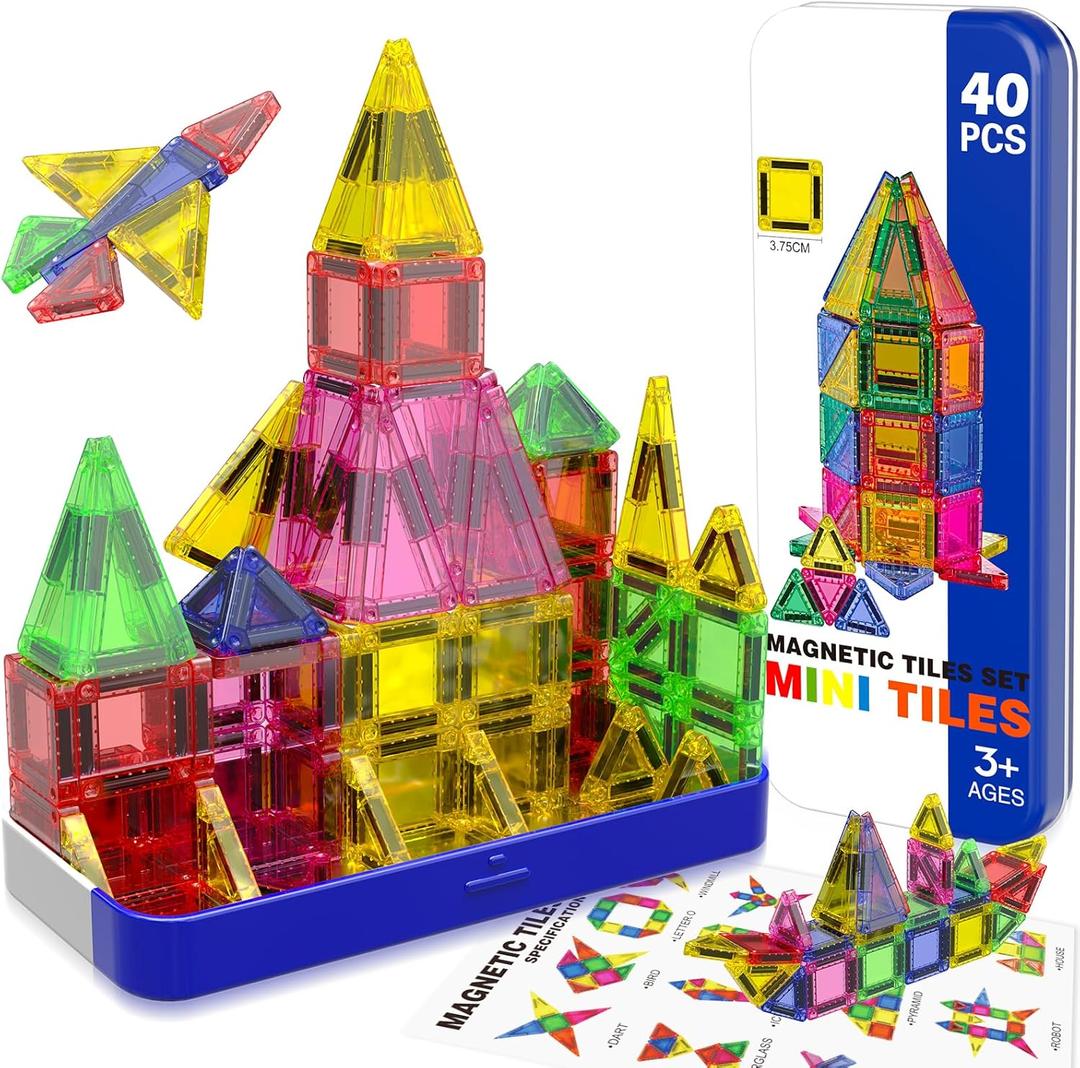 Mini Magnetic Tiles with Iron Box, 40 PCS Travel Magnetic Tiles, STEM Educational Building Set Construction Toys for Kids Ages 3+, Portable Building Toys for Toddlers, Boys & Girls Birthday Gift