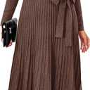Arach&Cloz 2024 Fall Wool Blended Womens Long Sleeve V Neck Tie Waist Pleated A Line Ribbed Knit Pullover Midi Sweater Dress (Large, Coffee)