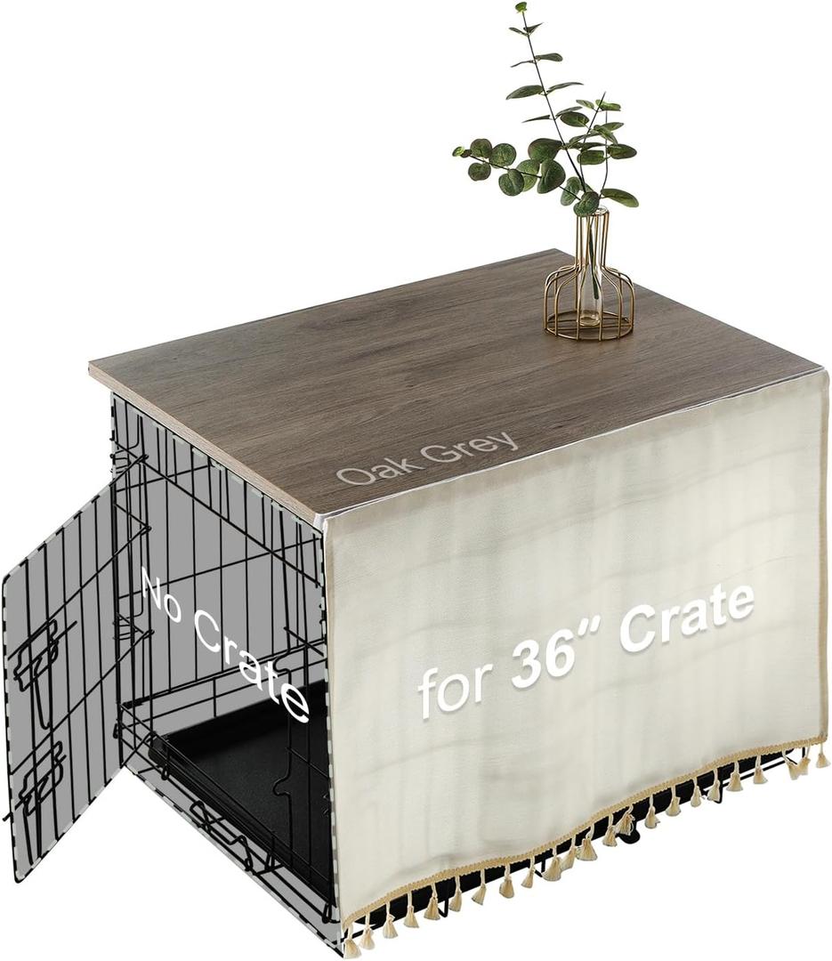 VIE DE AMAN Dog Crate Topper Wood for 48 42 36 24 inch Cages, Dog Crate Table Topper with Tassel Curtain, Rustic Style Dog Kennel Topper, Oak Grey(Dog Crate Not Include)