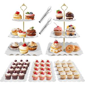 7 Pcs Dessert Table Display Set - 2 x 3 Tiered Cupcake Stand Holder ,2x Tongs,3 X Serving Tray Combo for Tea Party, Birthday, Baby Shower,Wedding-Wave Square