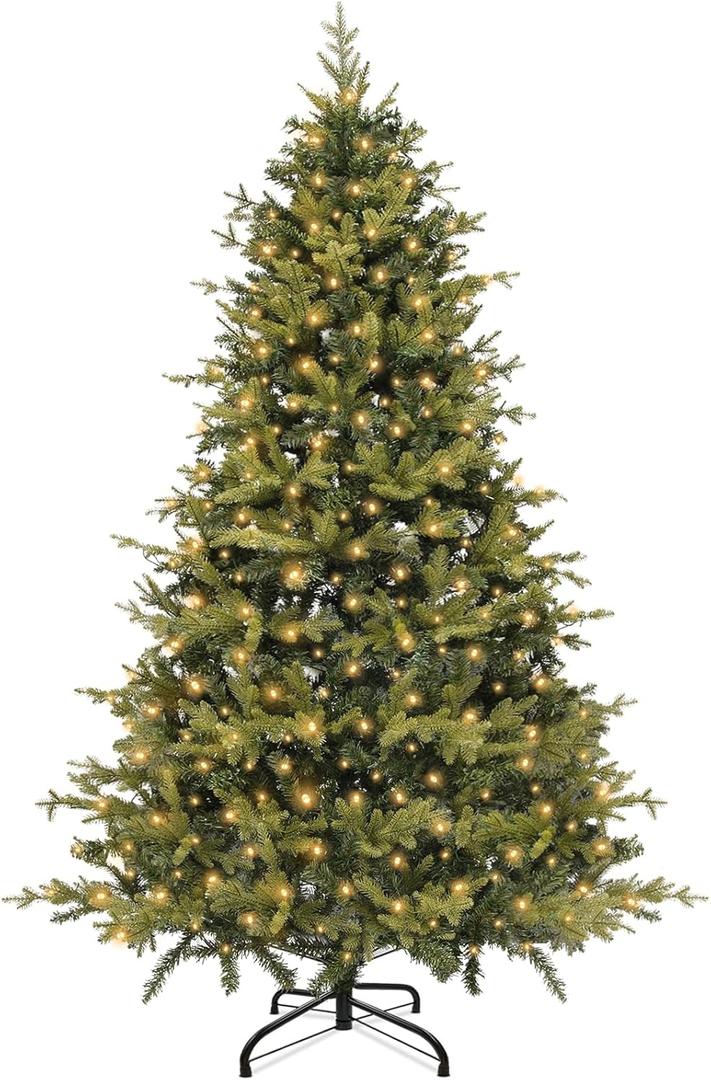 6 Ft Prelit Aspen Fir Artificial Full Christmas Tree with Bright Warm White Lights, 934 Realistic-Feel PE & PVC Mixed Branch Tips, UL Plug Hinged Design Xmas Tree for Holiday Home Decor