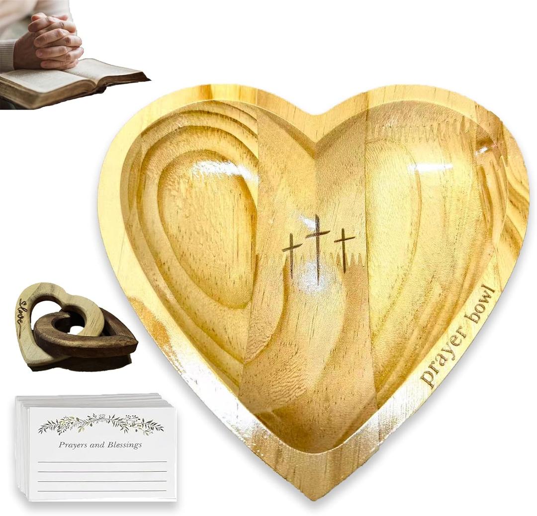 Prayer Bowl Wooden with 24 Prayer Cards&2 Wood Heart,Heart Shaped Decor Prayer Bowl,Religious Gift for Women,Mom, Dad, Daughter or Husband,Christian Easter Gifts for Mom,Men