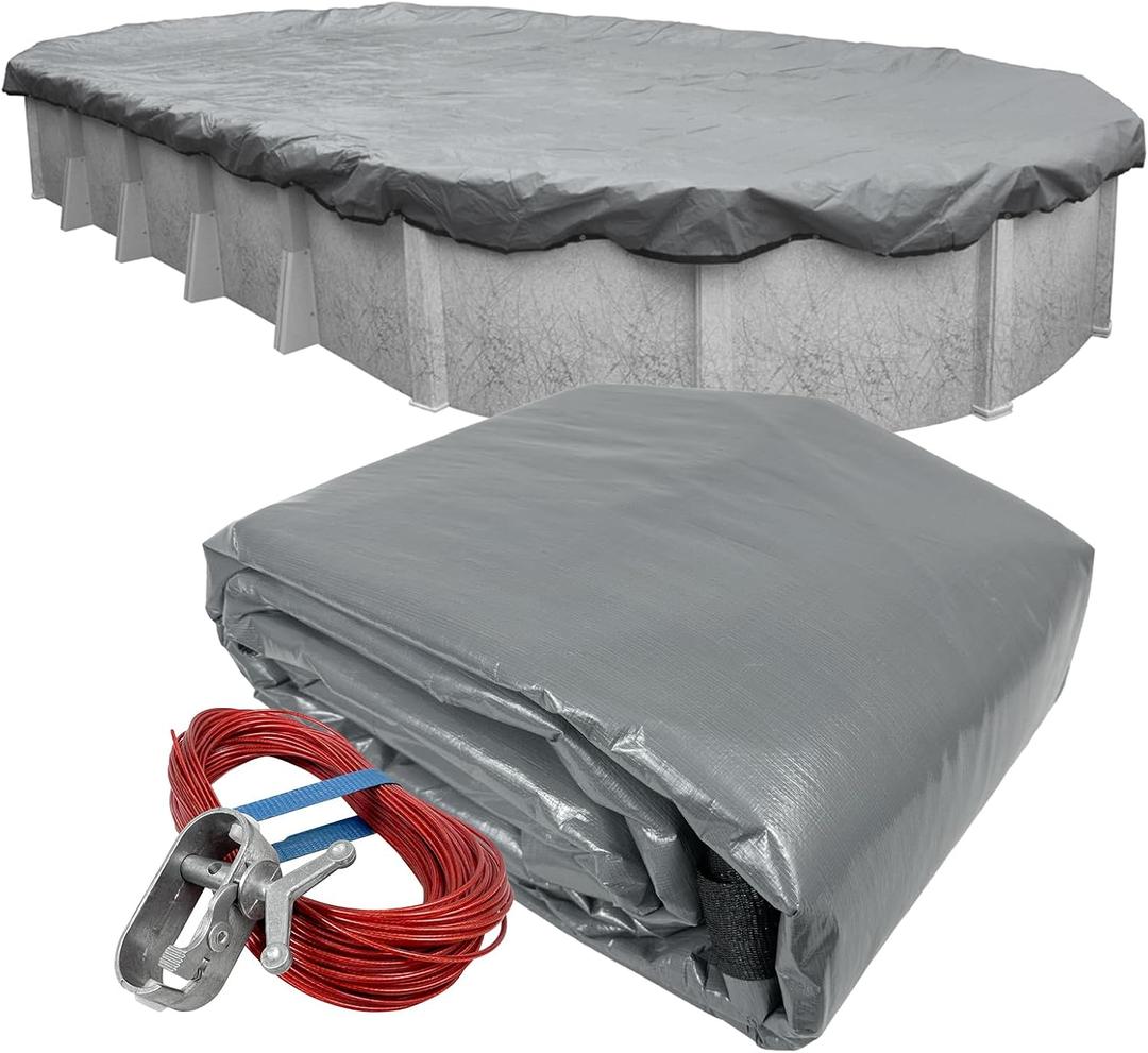 Robelle 18 x 33 ft Industrial Ultra Oval Pool Cover for Above Ground Pools | Gray Winter Cover, 4 ft Overlap (22 x 37ft Cover Size), Solid 14 x 12 Scrim, 4.5 oz/yd2, Style: 301833-4A