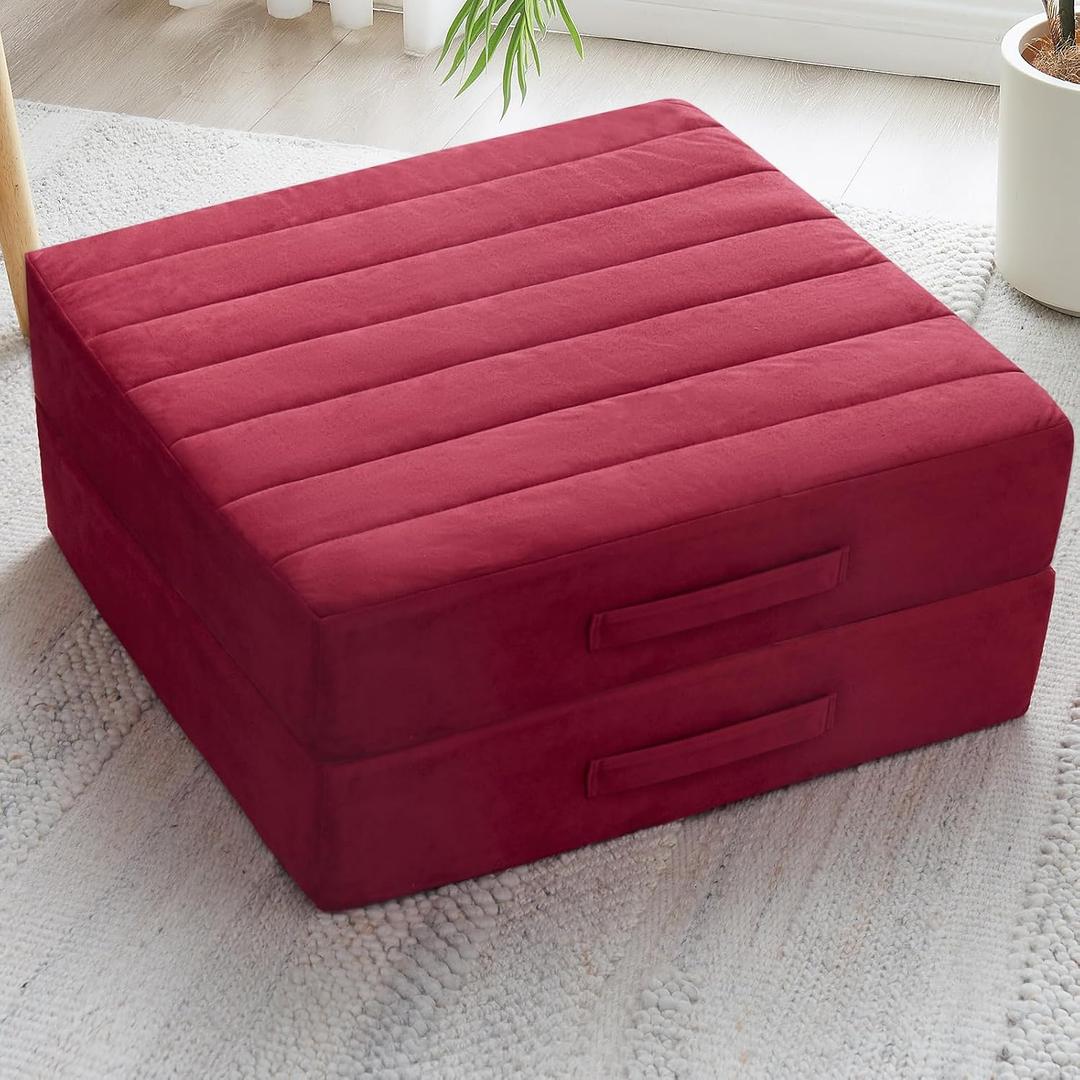 JKMAX 2 Pcs High Density Foam Floor Pillow - Upgraded Large Pillows Seating for Adults - Outdoor Floor Cushion with Soft Tufted Cover - Yoga Pillows for Sitting On Floor - 22 Inch Burgundy