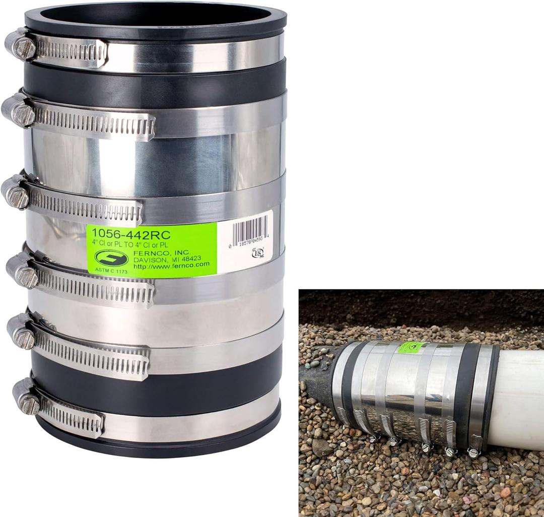 Fernco 4-inch XL Flexible Pipe Coupling Connector Fitting with Stainless Shield, Below Ground Plastic, Cast Iron, Steel