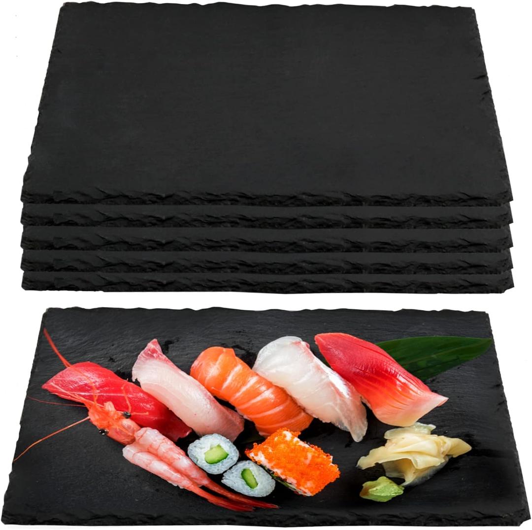PINGEUI 6 PCS Black Slate Cheese Board - 12 x 8 Inches Rectangular Stone Serving Plates With Natural Edge, Modern Platter Tray Cutting Board for Appetizer, Sushi, Charcuterie