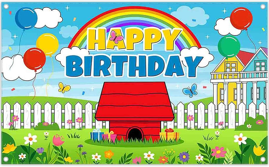 Fabric 72x43inch Cartoon Red House Backdrop Happy Birthday Blue Sky Grass Flowers Rainbow Balloons Photography Background Kids Children Party Decorations Photo Props