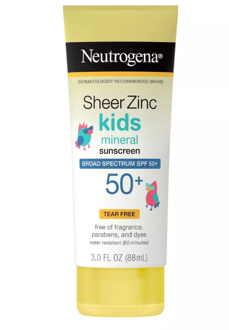 Neutrogena Kids Mineral Sunscreen Sheer Zinc Oxide Lotion, Broad Spectrum SPF 50 with UVA/UVB Protection, Water Resistant for 80 Minutes, Fragrance and Tear Free, 3 FL OZ