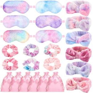 24 Pcs Sleepover Supplies for Women Spa Headband Plush Eye Mask Bow Makeup Headbands Storage Bags Pajama Party Favors for Birthday Spa Bachelorette Party