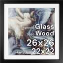 Frame Amo 26x26 Black Solid Wood Poster Frame, White Mat for 22x22 Image, Tempered Glass Front, 1.5 inch Wide, 1 inch Thick, High-End, Heavy-Duty, Gallery Grade & Acid-Free