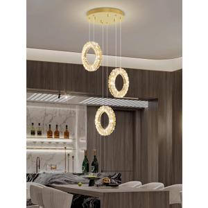 Pendant Lights Kitchen Island Mini Crystal Chandeliers 3-Lights Crystal Ring Chandelier for Dining Room Hallway Stairwell,LED Dimmable 2700K-6000K (Gold)