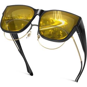 Night Vision Driving Glasses Fit Over Eyeglasses for Men Women, Anti Glare Polarized Night time Glasses Yellow Lens (A02 Matte Black Frame/Night Vision Lens)