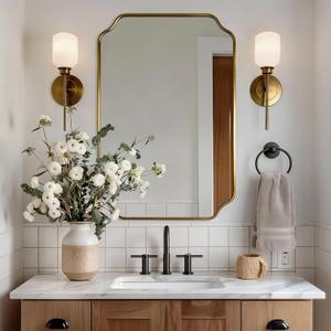 Gold Wall Mirror 32"x24", Scalloped Edge Vanity Mirror - Hangs Vertically/Horizontally Decorative Bathroom Mirror for Vanity, Bedroom & Entryway, Aesthetic Bathroom Decor