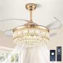 FRIXCHUR 42 Dimmable Gold Crystal Chandelier Ceiling Fan Modern LED Fandelier Flush Mount Ceiling Fan with Lights and Remote, 6 Speed 3 Color Fans for Living Room Bedroom