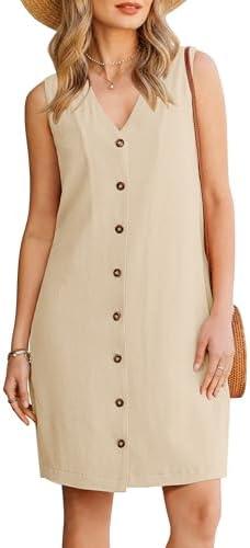 GPAPENT Linen Dresses for Women Summer Casual Sleeveless Button Down V Neck Pocket Self Tie Knee Length Loose Sun Dress, Size Large
