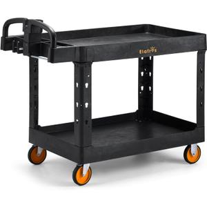 ELAFROS Extra Large Heavy Duty Plastic Utility Work Cart 43.5 x 24.6 Inch  2 Tier Work Cart with Deep Tub Shelves, Ergonomic Handle, 5 Inch Casters, 550 lbs Capacity, Black