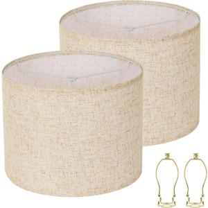 Lampshades Set of 2, 11" Top x 11" Bottom x 9.5" High, Drum Lamp shadesMedium Lamp shade, Beige Lampshade Natural Linen Hand Crafted, see installation video here