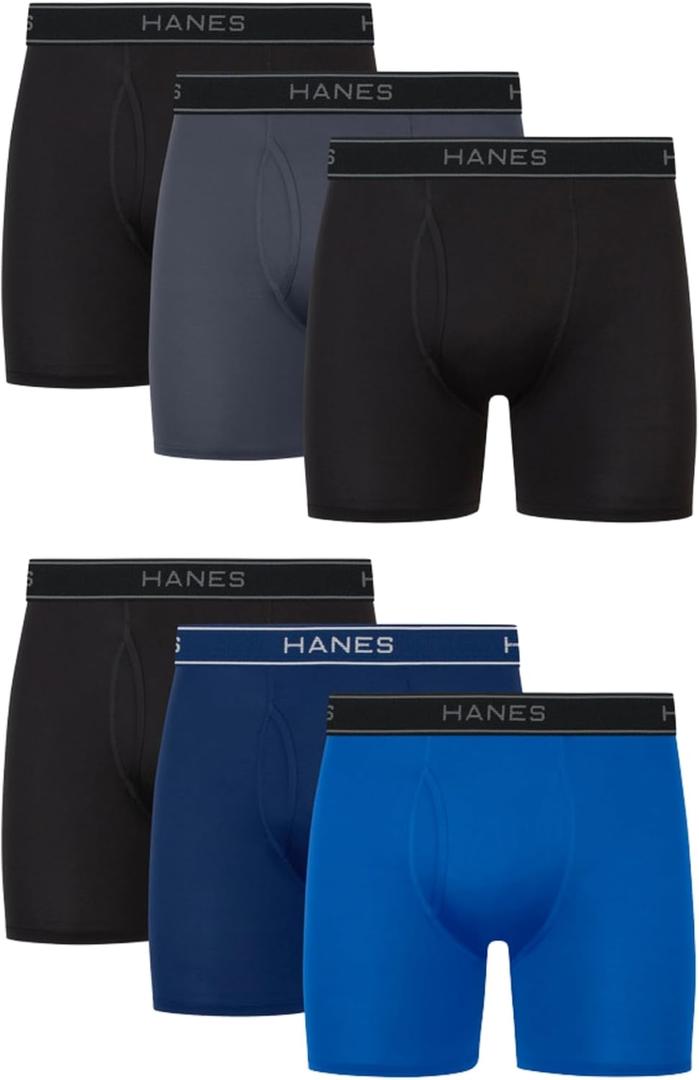 Hanes Men's Value Performance Stretch Boxer Brief Underwear, Moisture-Wicking, 6-Pack (Black/Blue/Grey), XL