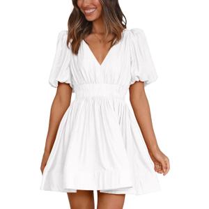BWQ Women Mini Dress Short Puff Sleeve Sexy V Neck Dress A-line Elastic High Waisted Casual Flowy Summer Dresses (White)