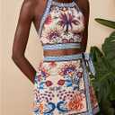 MakeMeChic Women's Boho 2 Piece Outfit Halter Backless Crop Tops and Wrap Skirt Skorts Travel Vacation Summer Set (M)