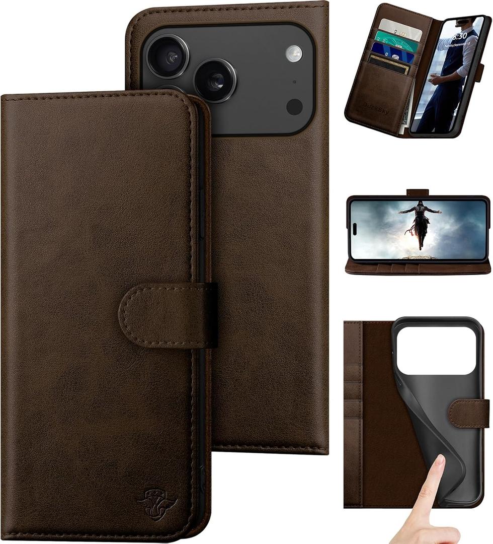 DuckSky Compatible with iPhone 17 Pro 6.3" Genuine Leather Wallet caseRFID Blocking4 Credit Card HolderReal Leather Flip Phone case Cover Women Men for Apple 17 Pro case Brown