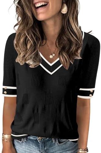 AKEWEI Womens V Neck Sweater Short Sleeve Lightweight Knit Summer Fall Tops with Decorative Buttons, XL, Black