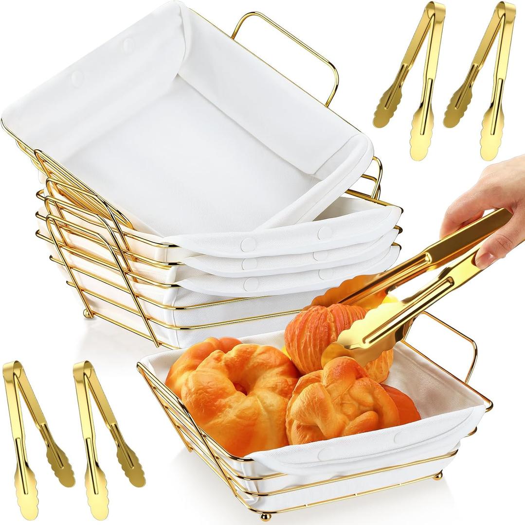 4 Pack Wire Bread Basket Set Metal Square Serving & Storage Container with Removable Liner and Tongs Must-have for Serving Dinner Feast(Gold,26.5 * 23 * 10 cm,Fresh)