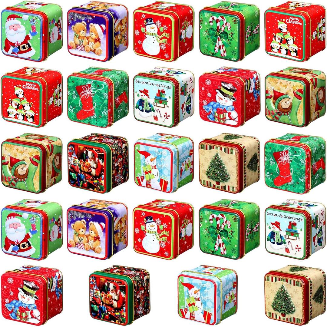 Domensi 24 Pcs Christmas Cookie Tins with Lids Square Candy Metal Cookie Tins Empty Retro Xmas Metal Gift Box Large Capacity Xmas Tin Containers for Holiday Storing Cookies Candies Treat (square)