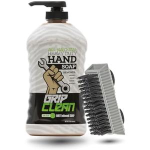 Grip Clean Hand Cleaner for Auto Mechanics, Heavy Duty Pumice Soap & Fingernail Brush, Tool Shop, Garage, Commercial, All Natural, Men, Women, Grit Cleansing, Sensitive Skin - 32oz Pump Top & Brush 12.8 Oz