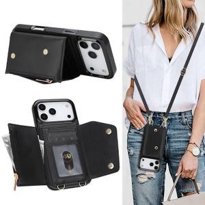 Crossbody Case for Apple 17 Pro Max with Card Holder, Wallet Case Removable Lanyard Wrist Strap Shockproof with Kickstand Women Cover for iPhone 17 Pro Max.Crossbody Black